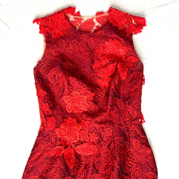 ML Monique Lhuiller Red Brocade Lorax and Lace Dress Sz 4 - Picture 11 of 11